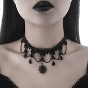 Gothic Punk Sexy Lace Black Crystal Pendent Necklace for Women Teens Girls Beads Flower Collar Necklace Rock Jewelry Gifts Party