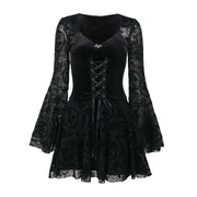 Gothic Long Sleeve Ruffle Mini Dress Women's Vintage V Neck Velvet Stretchy Bodycon Cocktail Dresses Victorian Blouse