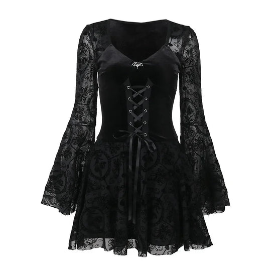 Gothic Long Sleeve Ruffle Mini Dress Women's Vintage V Neck Velvet Stretchy Bodycon Cocktail Dresses Victorian Blouse