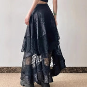 Gothic Vintage Black Midi Skirt Aesthetics Y2k Lace Irregular Skirt French Style Elegant Casual Skirt Woman Design Chic