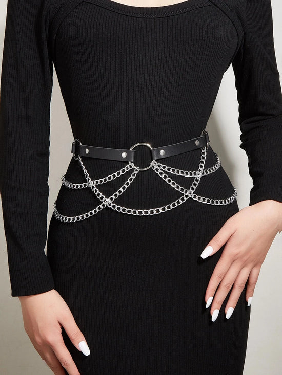 Women's Gothic Punk Belt PU Leather Multi Chain & O Rings Harness Style Corset Belt Gothic Halloween Costume Accessory Festival