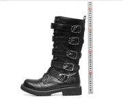 Men's Punk Gothic Biker Boots Tall Harness Buckle Side Zipper Riding Boots for Cosplay Costume Performance Comfortable Black