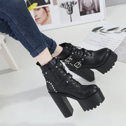 14CM Women Chunky Ankle Boots Leather cosplay Round Toe Platform Knight Boots Shoes High Heels Black White Thick Heel Lace Up