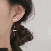 Gothic Cross Pearl Dangle Earrings for Women Elegant Tassels Sparkling Zircon Rhinestone Romantic Ear Accessorie Fashion Jewelry