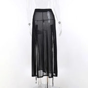 Harajuku Punk Black Hollow Out Skirt Y2K Goth Grunge Patchwork Eyelet Split Long Skirt Summer Sexy Night Club Skirt