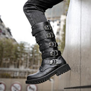 Men's Punk Gothic Biker Boots Tall Harness Buckle Side Zipper Riding Boots for Cosplay Costume Performance Comfortable Black