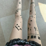 Gothic Music Notes Print Tights for Women Personalized Stocking Thin High Elasticity Black Skin Leggings Spicy Girls Y2K Hosiery