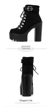 Lace Up Women Boots Platform Buckle Boot Winter Shoes Thick Heel Autmn Boots With Zipper Ankle Strap Black Suede Gothic