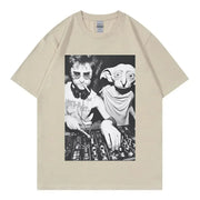 A gothic T-shirt for women featuring Dobby the House Elf DJ with funny expressions designed to be fashionable and loose-fitting