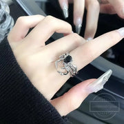 Gothic Irregular Spider Webs Zircon Rings Punk Black Crystal Grunge Ring Dark Spider Animal Goth Open Rings for Women Jewelry