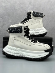 Trendy Men's High-Top  Boots Leather Surface Spor Casual Thi Bot Workwear oes round Toe Flat Heel Pure Color