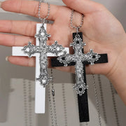 Gothic Punk Large Wood Cross Pendant Necklace Y2k 3D Relief Flower Metal Cross Double Pendant Necklace Jewelry Gifts Accessories