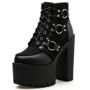 2025 Women's Black Gothic High Heel Ankle Boots Sexy Chain Punk Style Patent Leather Platform Boots Lace Up Motorcycle Boots