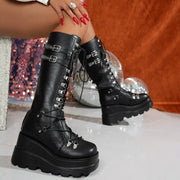 Winter 2025 Heightened Platform Knight Boots Women's Block Heel Mid-Leg Shoes