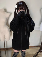 Gothic Subculture Black Lace Loose Hoodie Women's Autumn Aesthetic Lovely Long Sleeve Hooded Coat Casual Warm Winter Overcoat