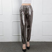 Women's Mid Waist Solid Colour Shiny Glossy Sweatpants Nine Minute Pants Fashion hip-hop trousers Disco Bottoms