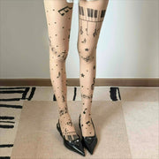 Gothic Music Notes Print Tights for Women Personalized Stocking Thin High Elasticity Black Skin Leggings Spicy Girls Y2K Hosiery