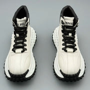 Trendy Men's High-Top  Boots Leather Surface Spor Casual Thi Bot Workwear oes round Toe Flat Heel Pure Color