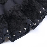 Black Women Punk High Waisted Goth Skirt Sexy Pleated Mini Skirt with Chain E Girl Lace-Up Tie PU Leather Corset Y2K Crop Tops