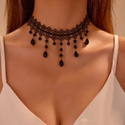 Gothic Dark Lace Choker Necklace Trend Artificial Crystal Bead Tassel Pendant Clavicle Necklace Women's Y2K Party Stage Jewelry