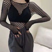 Gothic Sexy Black Fishnet Mesh See Through T-Shirt Women Skinny Goth Hollow Out Long Sleeve Shirts Crop Top Tee Shirt Streetwear
