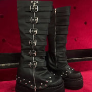 2025 Black Punk Willow Spike Combination Thigh Boot Booster Platform Side Zip Leg Cover Boot