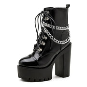 2025 Women's Black Gothic High Heel Ankle Boots Sexy Chain Punk Style Patent Leather Platform Boots Lace Up Motorcycle Boots