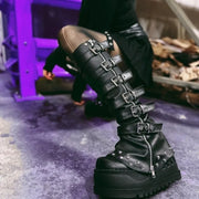 2025 Black Punk Willow Spike Combination Thigh Boot Booster Platform Side Zip Leg Cover Boot