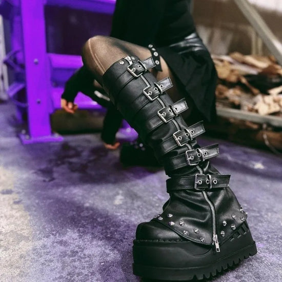 2025 Black Punk Willow Spike Combination Thigh Boot Booster Platform Side Zip Leg Cover Boot