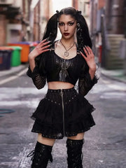 Black Women Punk High Waisted Goth Skirt Sexy Pleated Mini Skirt with Chain E Girl Lace-Up Tie PU Leather Corset Y2K Crop Tops