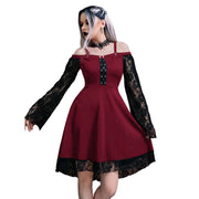 Gothic Punk Girls Midi Dress Sexy Lace Patchwork Long Flare Sleeve Dress Women Harajuku Cold Shoulder Strappy Halloween Sundress