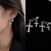 Goth Style Inlaid Rhinestone Clip Pendent Cross Stud Earrings For Lady Personality Versatile Daily Temperament Earrings Jewelry