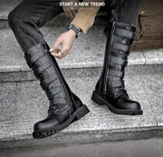 Men's Punk Gothic Biker Boots Tall Harness Buckle Side Zipper Riding Boots for Cosplay Costume Performance Comfortable Black