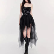 Sexy Gothic Skirts For Women Hotsweet Irregular Mesh Black Skirt Streetwear Elastic Waist Front Short Back Long Y2K Lady's Skirt
