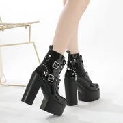 14CM Women Chunky Ankle Boots Leather cosplay Round Toe Platform Knight Boots Shoes High Heels Black White Thick Heel Lace Up