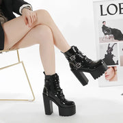 14CM Women Chunky Ankle Boots Leather cosplay Round Toe Platform Knight Boots Shoes High Heels Black White Thick Heel Lace Up