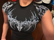 Gothic Metal Print Compression T-shirt Men Women Punk Streetwear Short Sleeve Fitness Top Slim Fit Gym Tee Y2k Aesthetic Unisex