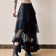 Gothic Vintage Black Midi Skirt Aesthetics Y2k Lace Irregular Skirt French Style Elegant Casual Skirt Woman Design Chic
