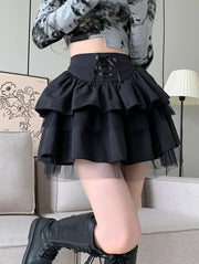 Korean Fashion High Waist Cake Skirts Women Sexy Gothic Punk Black Y2K Skirts Female Lace-Up Students Ruffles A-Line Skirt