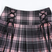 Goth Skirts Summer Y2K Woman Skirts Pink Stripe Plaid Lace Trim Pleated School Plaid Skirt Ladies Aesthetic Tie Up Jupe Femme