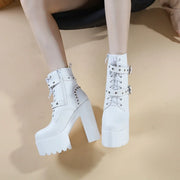 14CM Women Chunky Ankle Boots Leather cosplay Round Toe Platform Knight Boots Shoes High Heels Black White Thick Heel Lace Up