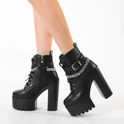 Women's Chain Decor Block Heeled Boots Fashion Lace Up Side Zipper Platform Boots Stylish Ankle Boots High Heels