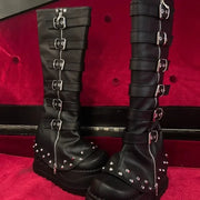 2025 Black Punk Willow Spike Combination Thigh Boot Booster Platform Side Zip Leg Cover Boot