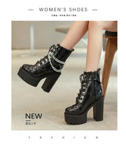 2025 Women's Black Gothic High Heel Ankle Boots Sexy Chain Punk Style Patent Leather Platform Boots Lace Up Motorcycle Boots