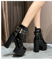 14CM Ankle Knight Boots High Heels Shoes For Nightclub Thick Heel Platform Boots Cool Black Punk Girls Footwear High Quality