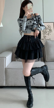 Korean Fashion High Waist Cake Skirts Women Sexy Gothic Punk Black Y2K Skirts Female Lace-Up Students Ruffles A-Line Skirt