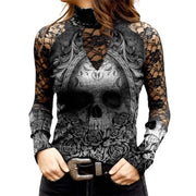 Gothic Skull Flower Tops Women Hollow Lace Long Sleeve Tee Sexy Girls Vintage Slim T Shirts