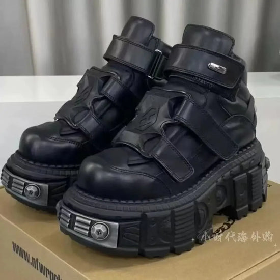 2025 New Punk Style Women Shoes Gothic Ankle Rock Boots Lace-up Heel Height 9CM Platform Shoes Woman Metal Decor Woman Sneakers