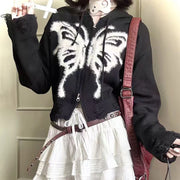 Gothic Style Butterfly Hooded Jacket Women American Spicy Girl Short Zip Up Cardigan Coat Autumn Y2K Retro Knitted Outerwear