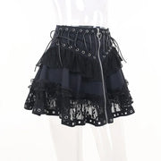 Black Women Punk High Waisted Goth Skirt Sexy Pleated Mini Skirt with Chain E Girl Lace-Up Tie PU Leather Corset Y2K Crop Tops